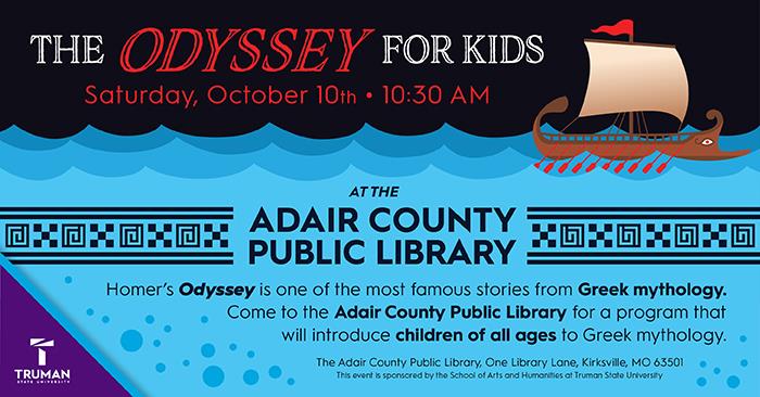 Graphic for Truman faculty's Odyssey-themed presentations at the Adair County Public Library