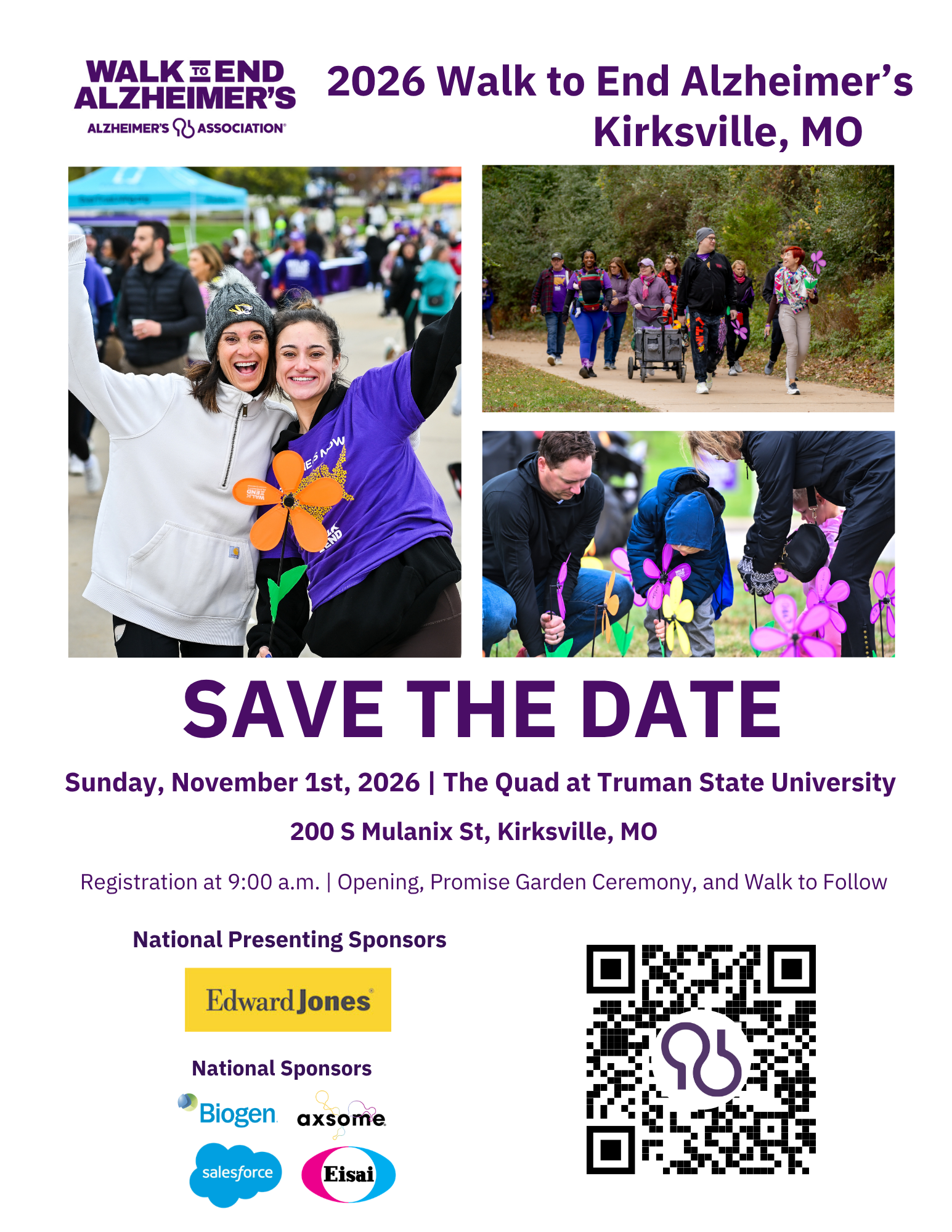 Flyer for the 2026 Walk to End Alzheimer's in Kirksville, Sunday Nov. 1 at the Truman State University Quad