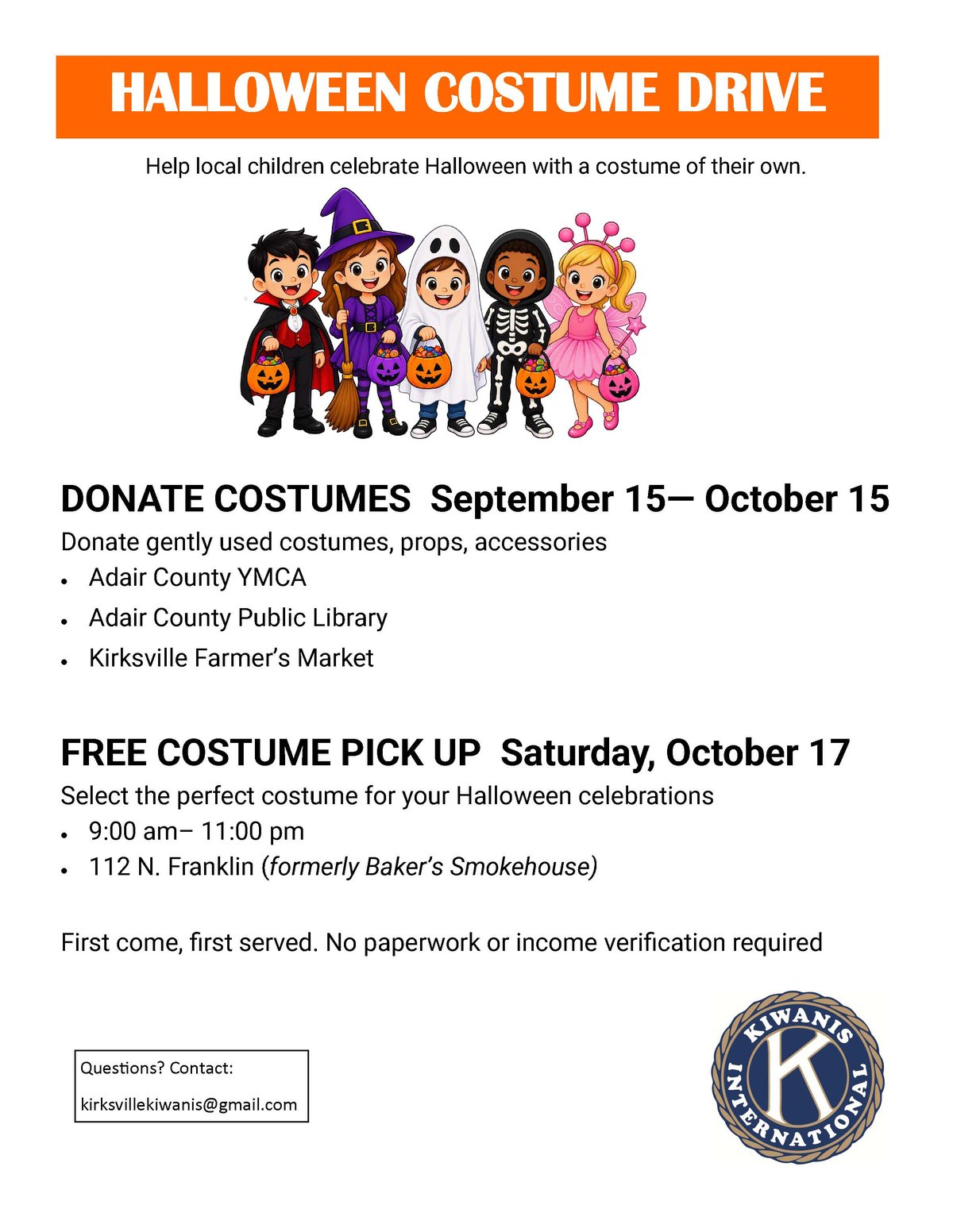 Flyer for the Kirksville Kiwanis Halloween Costume Drive, with free costume pickup Oct. 17 at 112 N. Franklin