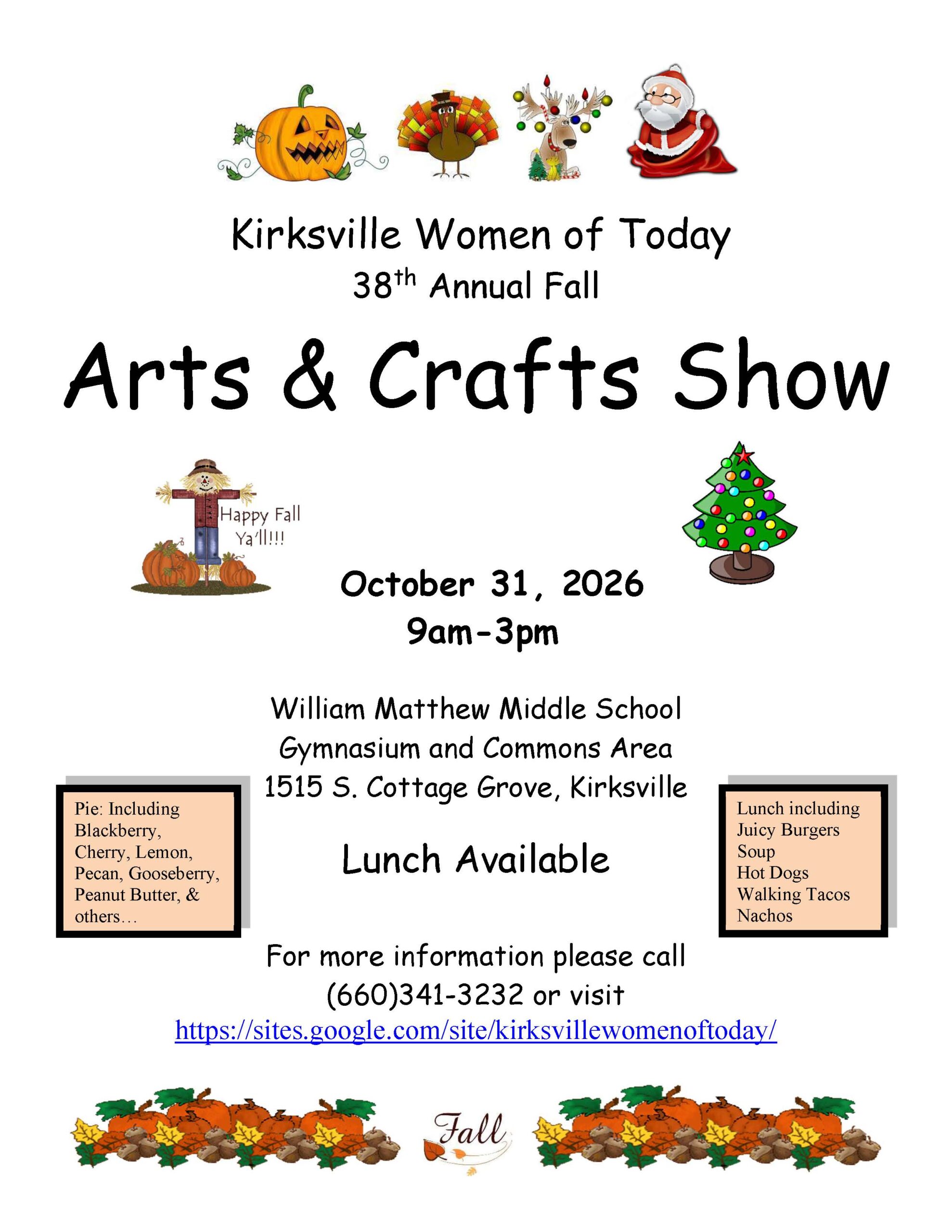 Flyer for the Kirksville Women of Today 38th Annual Fall Arts and Crafts Show, Saturday, Oct. 31, 9 a.m. to 3 p.m. at William Matthew Middle School.