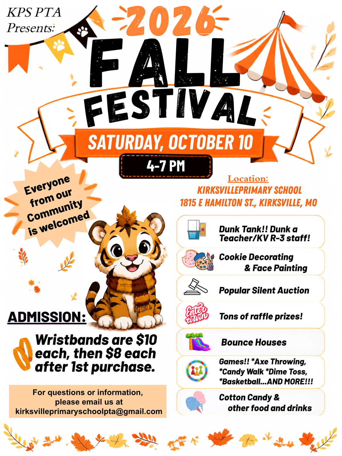 Flyer for the Kirksville Primary School PTA's 2026 Fall Festival, Saturday Oct. 10, 4-7 p.m. at Kirksville Primary School, 1815 E. Hamilton St.