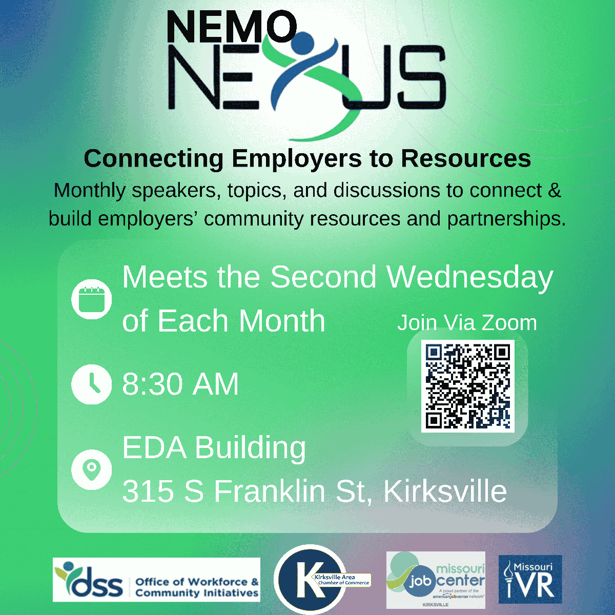 Flyer for NEMO NEXUS, a Chamber-affiliated employer resources meeting held the second Wednesday of each month at 8:30 a.m. at the EDA Building, 315 S. Franklin St.