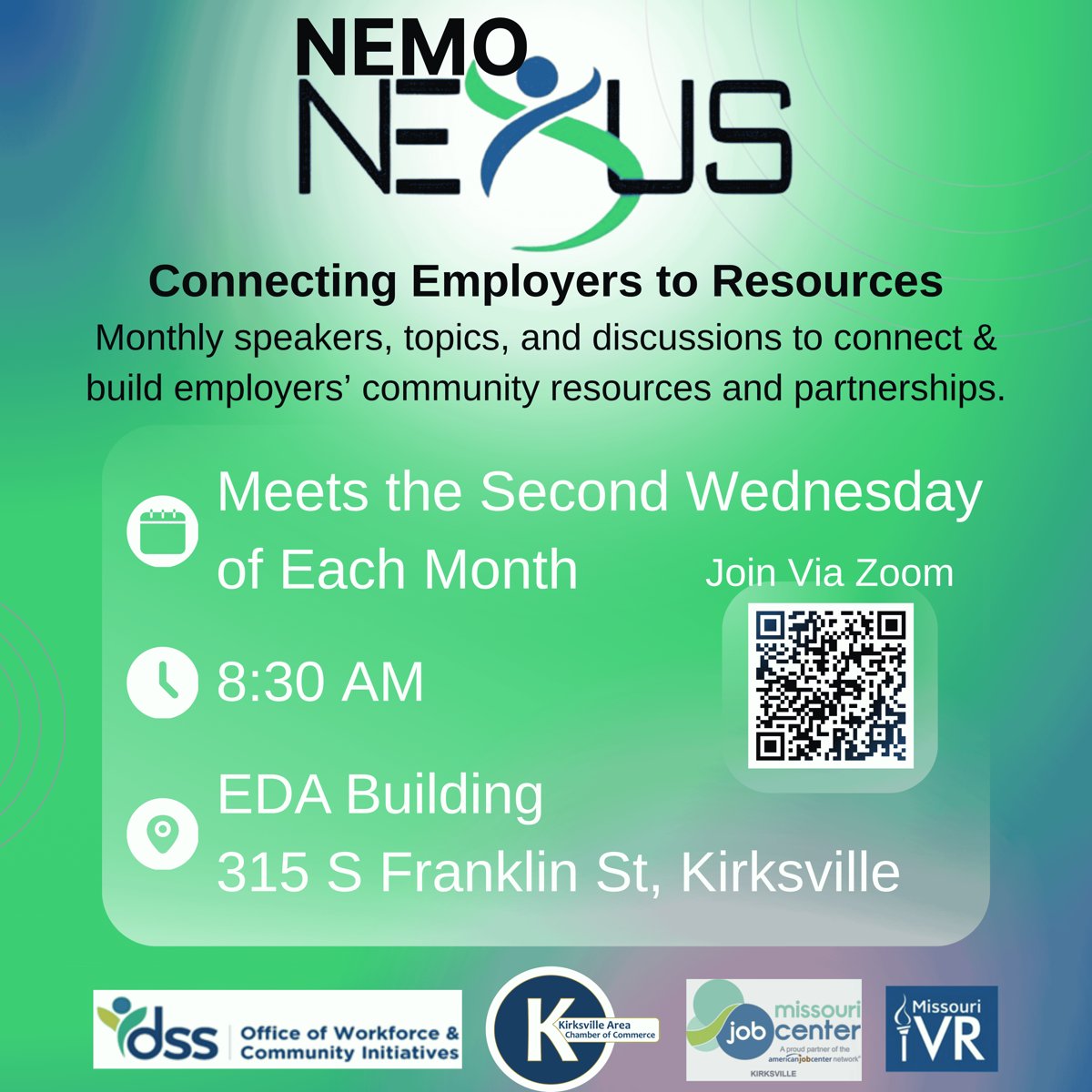 Flyer for the NEMO NEXUS monthly employer resource meeting at the EDA Building in Kirksville