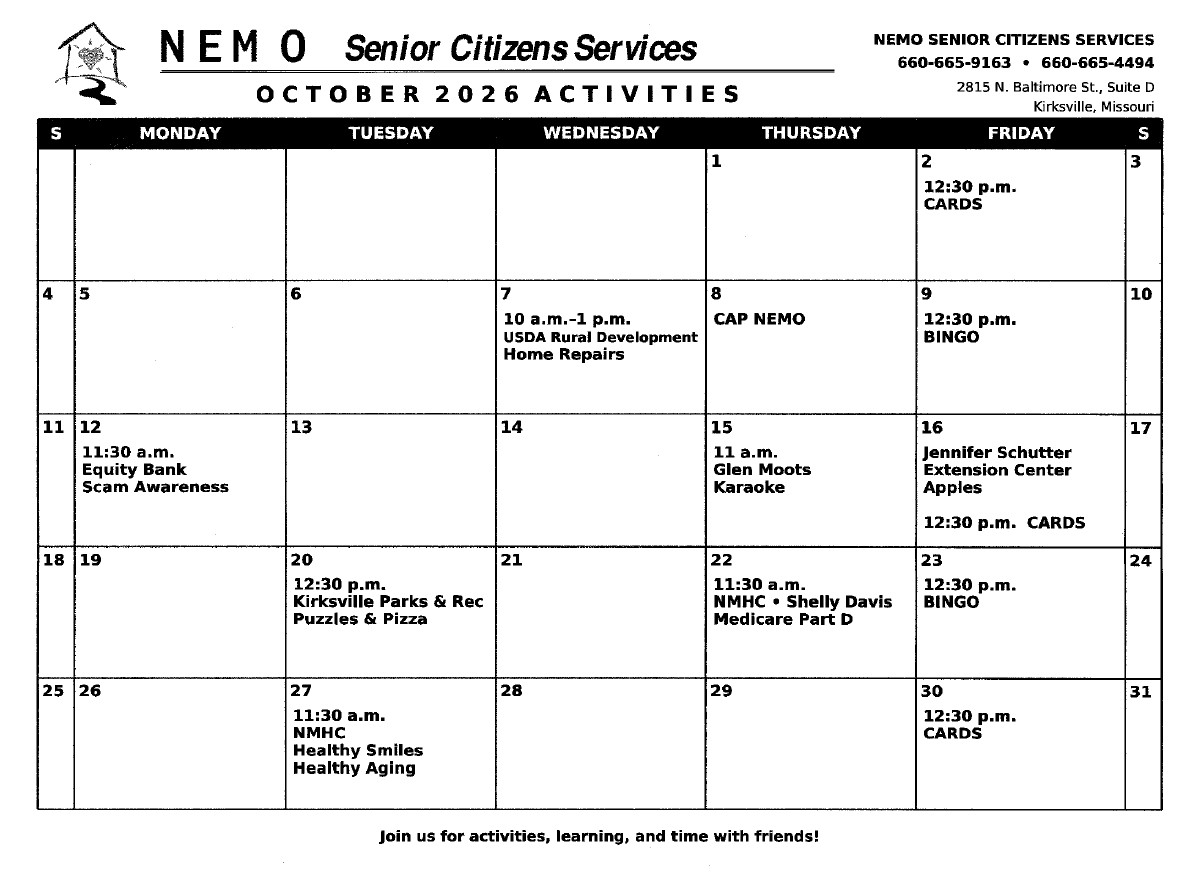 NEMO Senior Citizens Services sets October activities calendar