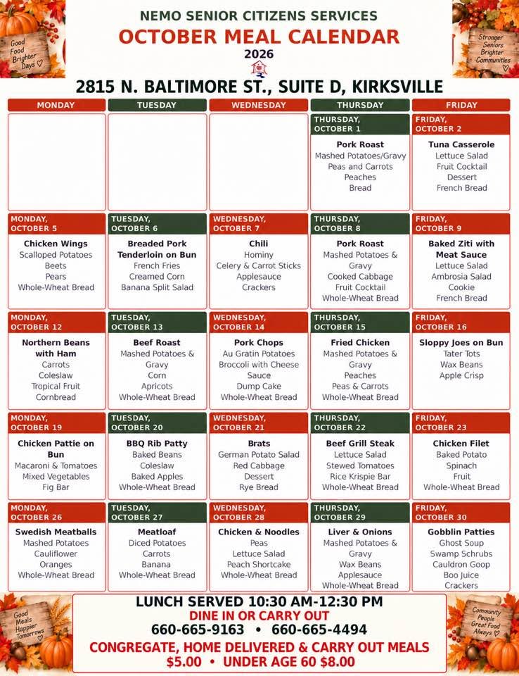 NEMO Senior Citizens Services posts October meal calendar