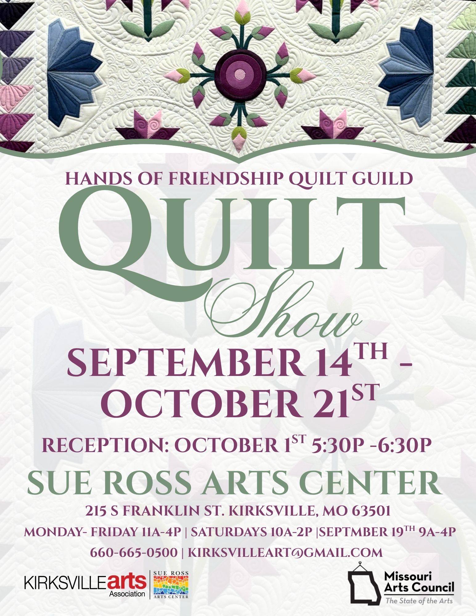 Hands of Friendship Quilt Guild Reception flyer, Sue Ross Arts Center