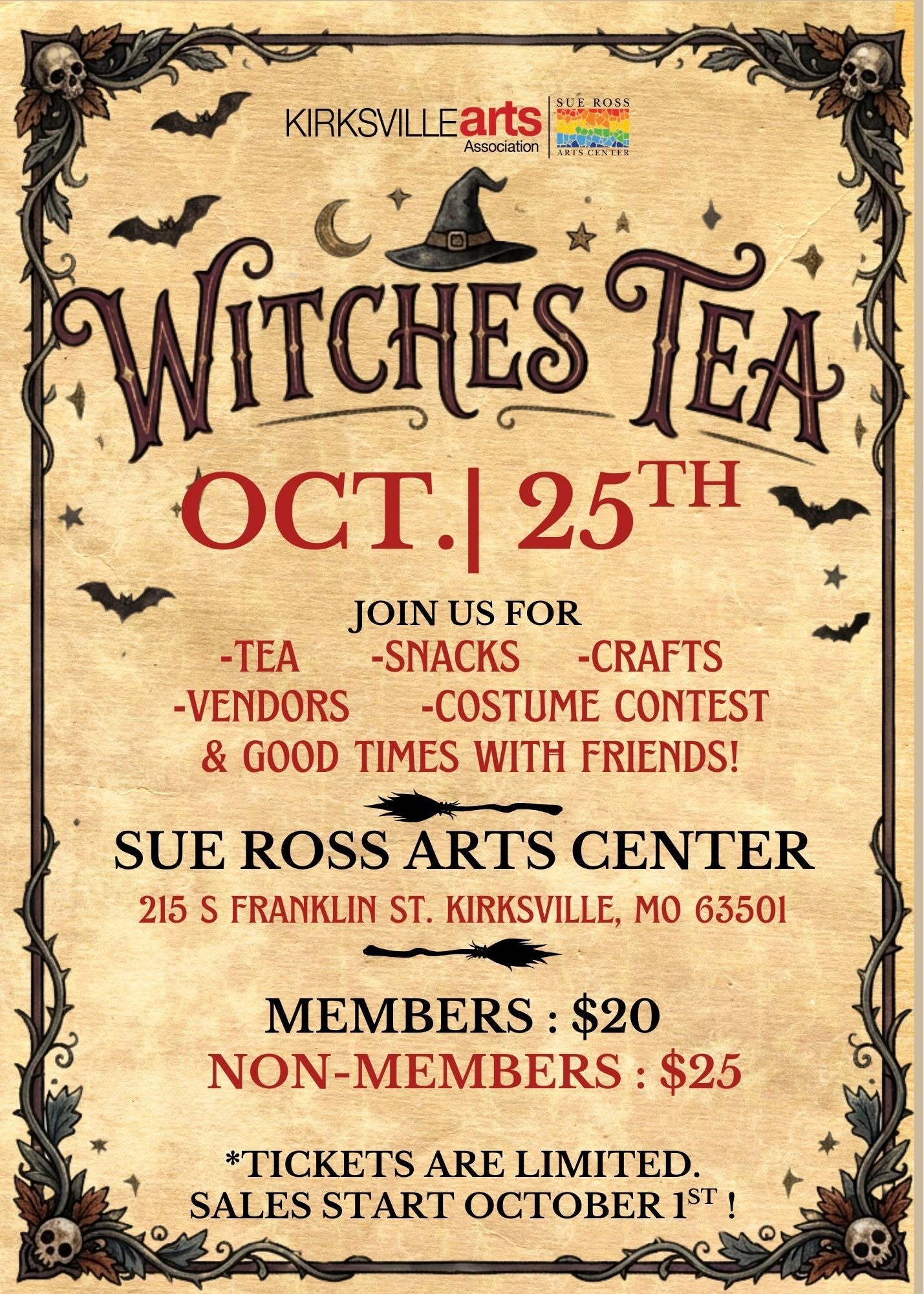 Witches Tea flyer: Halloween-themed event at the Sue Ross Arts Center on October 25, with tea, snacks, crafts, vendors and a costume contest; members $20, non-members $25, tickets limited.